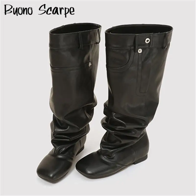 

2025: Женские сапоги до колена со складками и квадратным носком на высоком каблуке, однотонные слипоны, новая мода, роскошный дизайн, сексуальная обувь