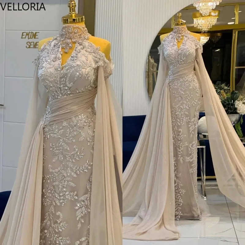 

Glitter Beading Mermaid Evening Dresses High Neck Sleeveless Prom Gowns Crystals Formal Occasion Party Dress Customized