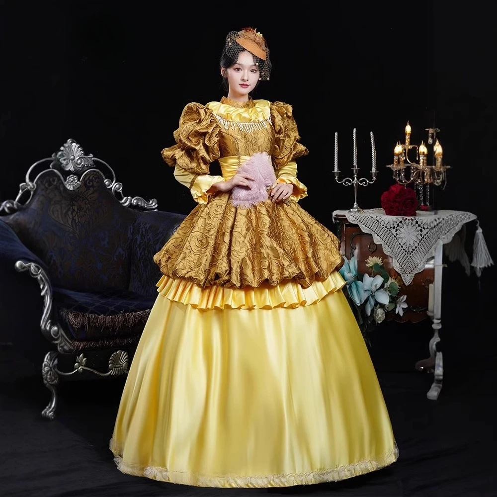 

Winter Medieval European Aristocratic Classical Dress Yellow Court Style Drama Catwalk Makeup Party Costume Vestidos De Flamenca