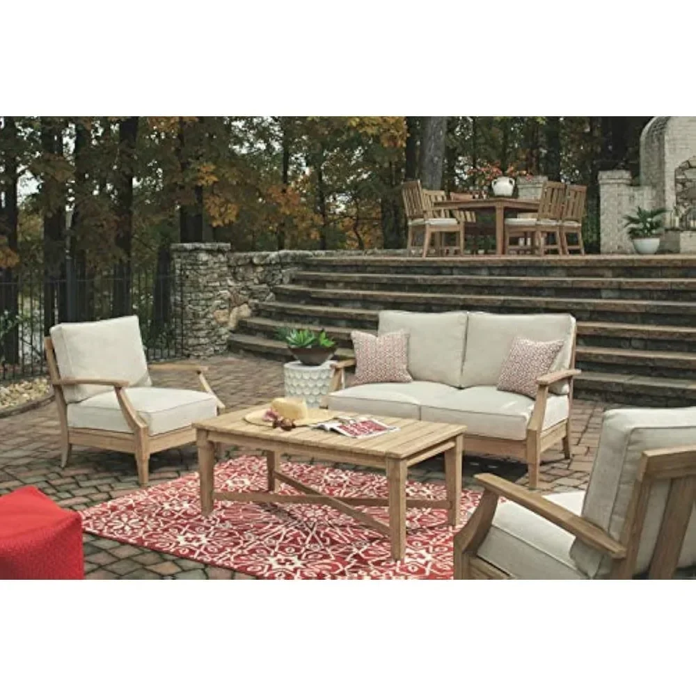 Signature Design by Ashley Clare View Coastal Outdoor Patio Eucalyptus Loveseat with Cushions, Beige