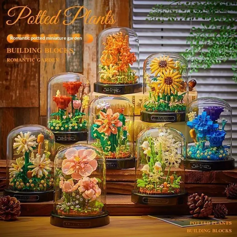 Flower Bouquet Building Blocks With LED Light Clear Glass Dome Home Decor Valentines Gifts For Girls Women