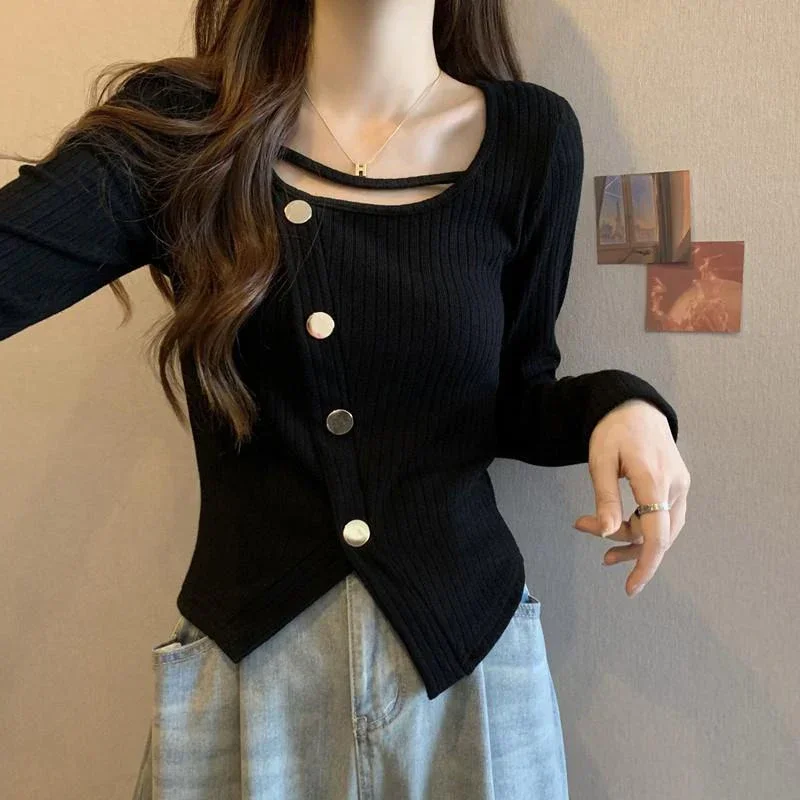 

Korean Split Knitted Sweaters Women Vintage Irregular Ribbed Slim Jumpers Square Collar Buttons Long Sleeve Casual Pullovers
