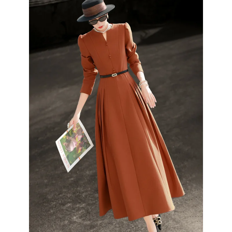 

MEXCOCO 2026 New Spring Elegant Commuter Split V Neck Puff Long Sleeve Belted Waist Pleated Flowy Maxi Dress