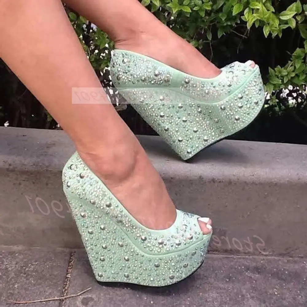 Crystal Stud Light Green Wedge Pumps Women Platform Peep Toe Pumps Luxury 14CM High Heel Low Top Shoes