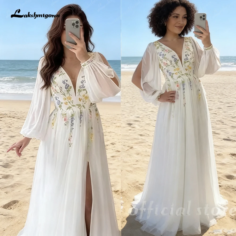 Lakshmigown Stickerei Blumen V-Ausschnitt Puffärmel Hochzeitskleid Chiffon Bodenlanges A-Linien-Abendkleid Maßanfertigung – Detail 5