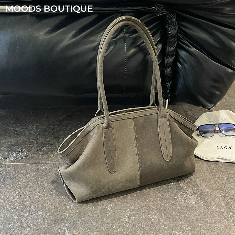 Moods Damen Vintage Wildleder Schultertasche Oyster-Design Große Kapazität Lässige Street-Handtasche mit Mehrfarbigen Optionen