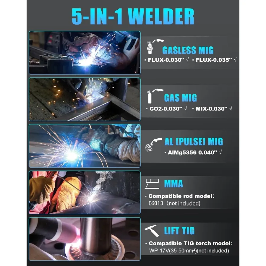 175Amp 110V 220V Single PULSE Aluminum MIG Welder Machine with PULSE Aluminum MIG/Flux MIG/Gas MIG/Stick/Lift TIG Welding 5-in-