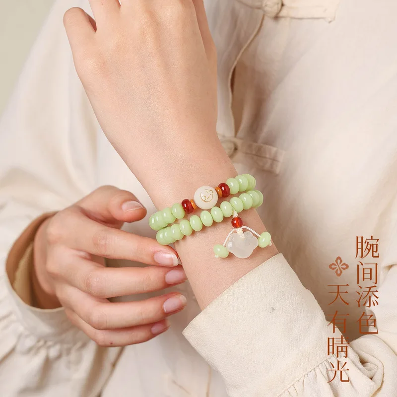 Green Abacus Bead Bodhi Bracelet, Double-Strand, Featuring A Zodiac Sign Charm, A Lucky Lock Accessory, And A Unique Design