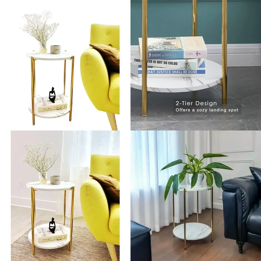 

Gold 2-Tier Marble-Look Side Table for Compact Spaces: Modern Living Room or Bedroom Accent (1 pc)