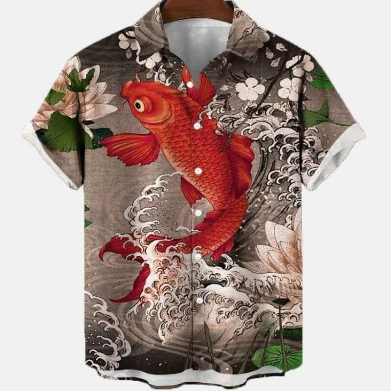 Hawaiian Summer Floral Koi Fish Shirt For Men\'s Casual Social 3D Short Sleeve Street Carp Luxury Outdoor Top Imported Clothing