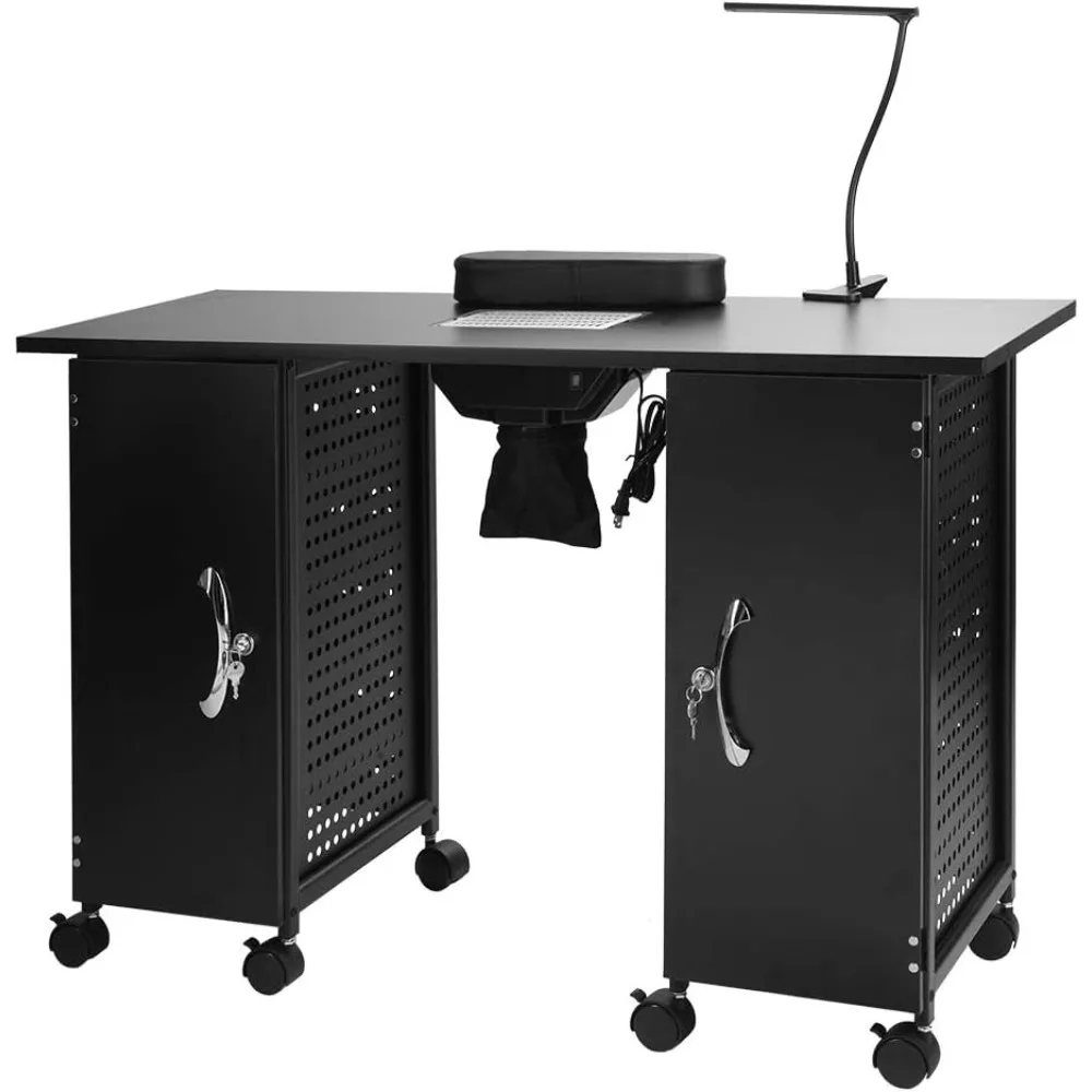 

Nail table with electric suction vent, salon workstation with wrist rest, lockable cabinet, casters and clip on LED lights