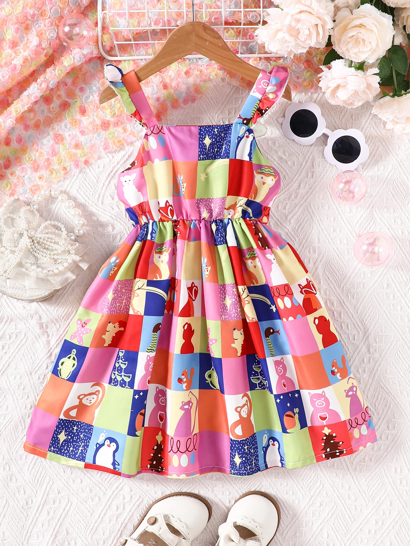 Girls' Casual Woven Dress with Cartoon Print, Spaghetti Straps, and Ruffles