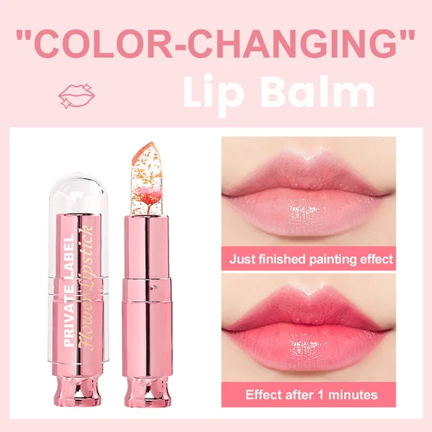 Private Label Transparent Flower Gold Foil Lip Balm Color-changing Easy To Apply Nourish Moisturizing Hydrating 5colors Lipgloss