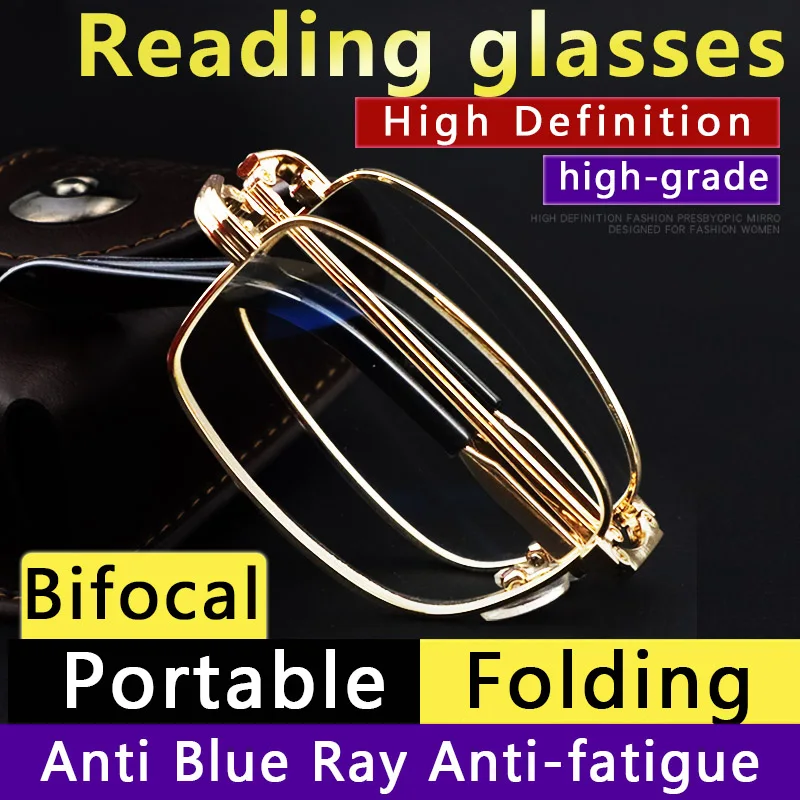 Bifocal Floding Reading Glasses Anti Blue Light With Leather Case for Men,Slim,Foldable Frame Far and Near Dual-use