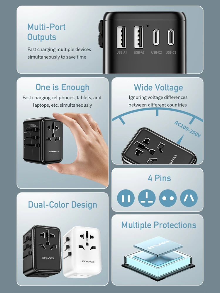 AWEI GaN Universal Travel Adapter 35 65W 100W USB &Type C Fast Charging International Plug Adapter EU/UK/USA/AUS Plug for Travel