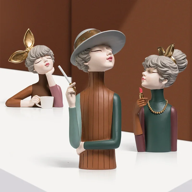 Modern Cute Girls Resin Statues Accessories Home Room Desk Storage Plate Items Cafe Table Figurines Office Sculptures Decoration