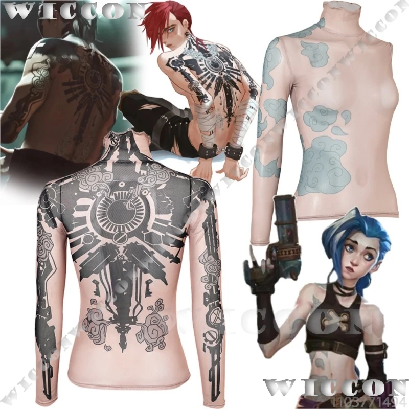 Jinx Vi Arance Anime Game LOL Cosplay Costume Tattoo Printed Flesh-colored Bodysuit Women Girl Holloween Comic Con Customized