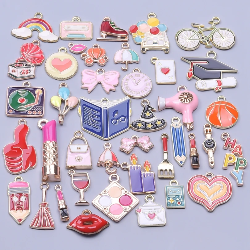 10-50pcs Fashion Cute Metal Heart Hat Lipstick Bow Enamel Charms for DIY Bracelet Keychain Earrings Pendant Jewelry Making Bulk