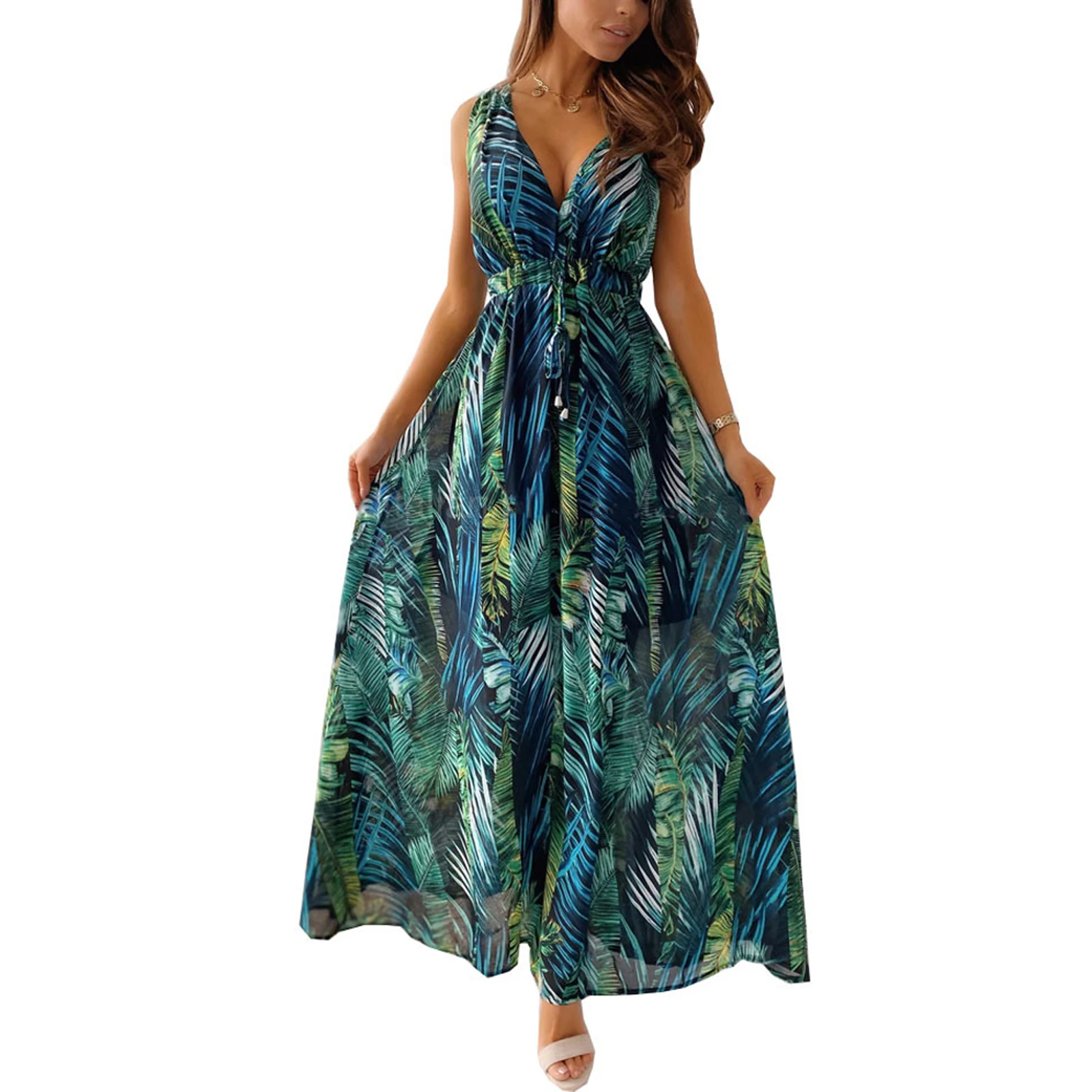 

Women s Summer Beach Flowy Tank Sundress Casual V Neck Backless Boho Floral Long Dress Beachwear