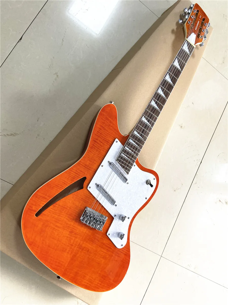 Custom orange 12 string electric guitar lipstick pickup semi hollow white guard free shipping