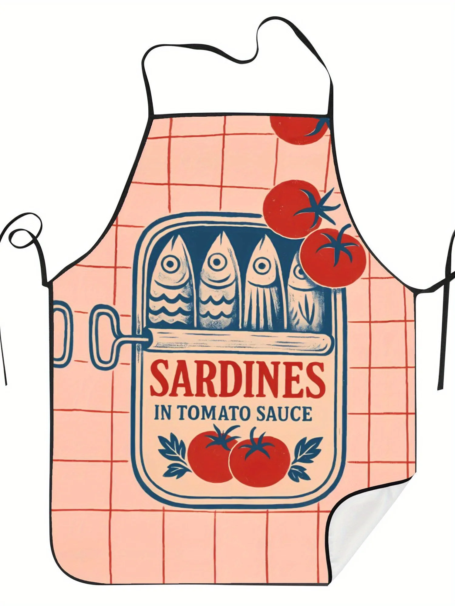 Delantal de latas de pescado de sardinas vintage, con estampado "SARDINES IN TOMATO SAUCE", perfecto para cocinar y hornear, 1 ud.