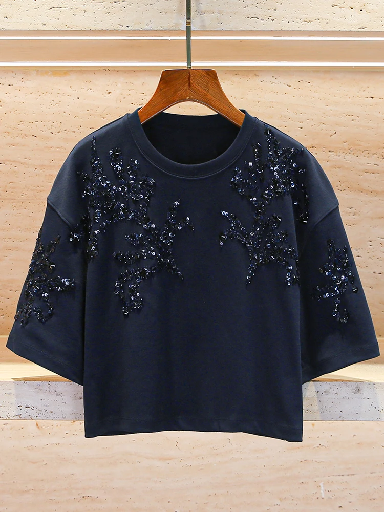 

iny Sequin Casual T-irt Women's Top Gentle Sle Spring Season Polyester Fabric round Ne ort Sve ort Length