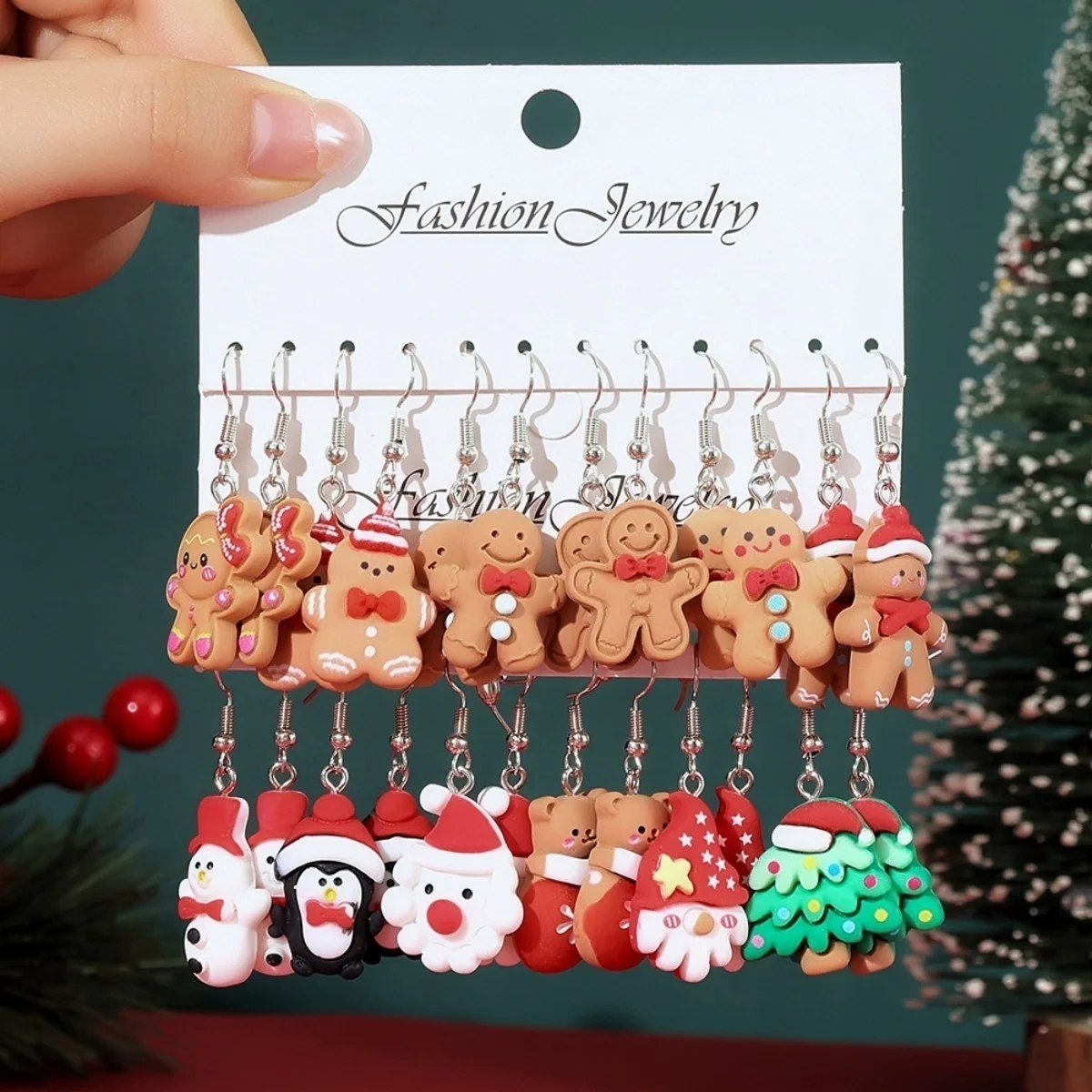 6 Paar/Set Weihnachts-Ohrringe aus Kunstharz mit Schleifen, Lebkuchenmann, Weihnachtsbaum, Schneemann, Pinguin, Weihnachtsmann für Damen, Weihnachtsschmuck – Detail 19