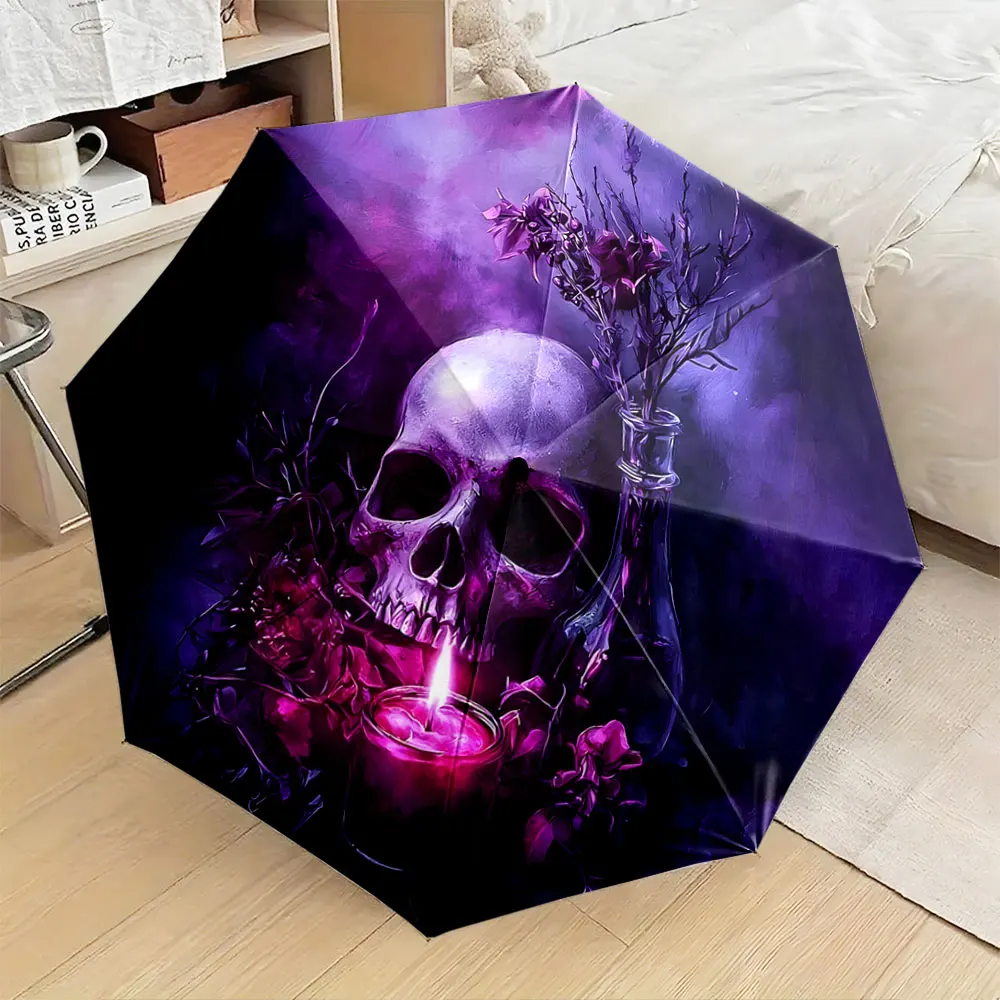 1PC Dark Gothic Skull and Candle-Themed Umbrella Print 8 Iron Ribs Folding Umbrella Auto-Open Fashion Sunshade