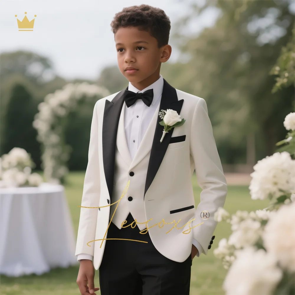 Boys' 3-Piece Tuxedo Suit Custom Tailored for Weddings - Elegant Design with Lapel and Vest, Perfect for Ceremony and Reception