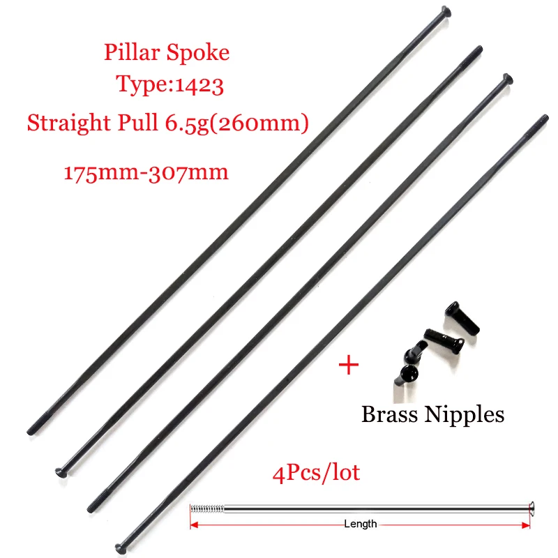 4pcs/lot Pillar 1423 Bike Spoke FG14 (2.0mm) PSR Aero Straight Pull Blade Flat Stainless Steel Black 175-307mm Brass Nipples