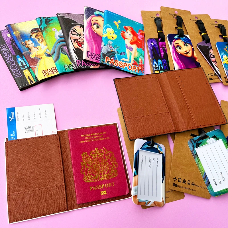 1 set porta passaporto Disney Princess e etichette per bagagli copertina per passaporto da viaggio etichetta per bagagli porta carte d\'identità