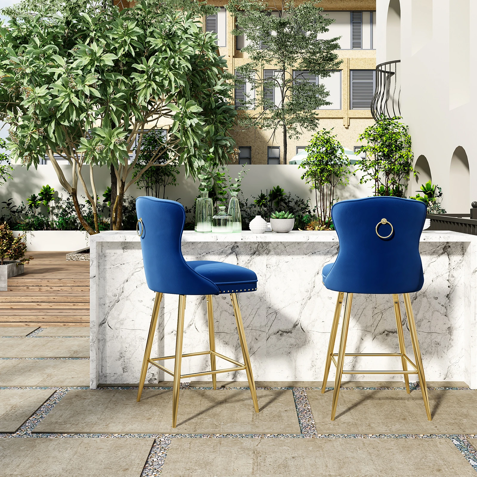 *Furniture Bar Stools Set of 2 Luxury With Velvet Button Back Counter Accent Chair for Kitchen Island Dining Room Pub