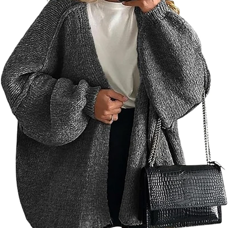 

Casual Solid Color Loose Knitted Oversize Cardigans Lady Autumn Winter New V-neck Commute Jumpers Elegant Long Sleeve Overcoat