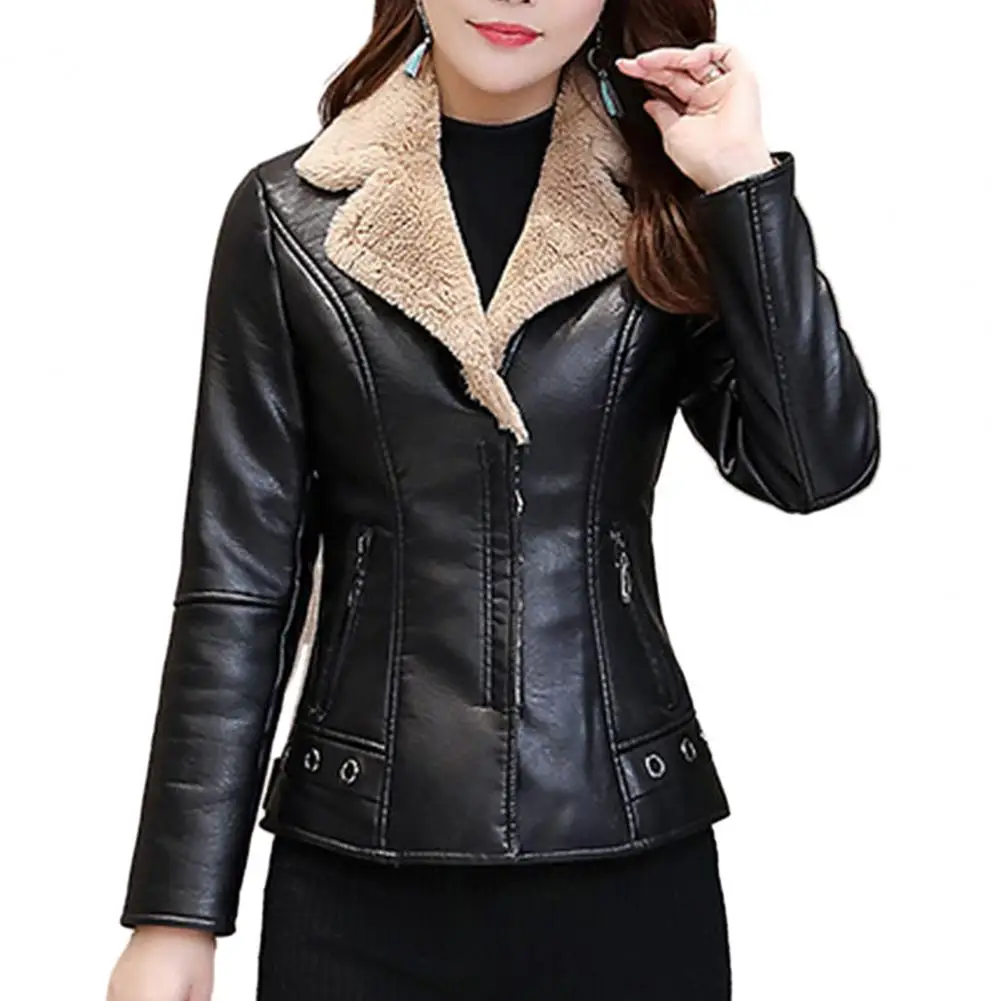 Autumn Winter Women Faux Leather Jacket Thick Plush Zip Up Zipper Pockets Long Sleeve Cardigan Warm Slim Fit Lady Thick Coat