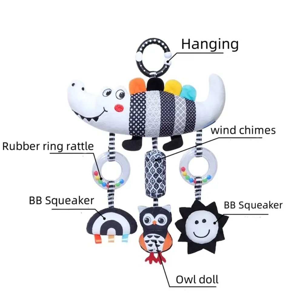 Chocalho infantil dos desenhos animados brinquedos de alto contraste pelúcia cama do bebê pendurado brinquedo preto e branco crocodilo recém-nascido brinquedo sensorial