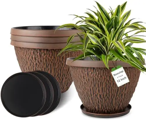 

4 упаковки пластиковых горшков для растений 12 футов с дренажным отверстием и подносом — дизайн гальки