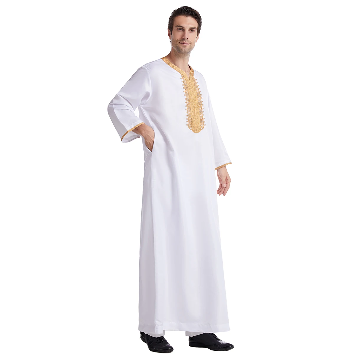 Homens muçulmanos oito mangas gola redonda cor pura bordado robe árabe masculino adulto tornozelo comprimento thobe ramadan eid roupas