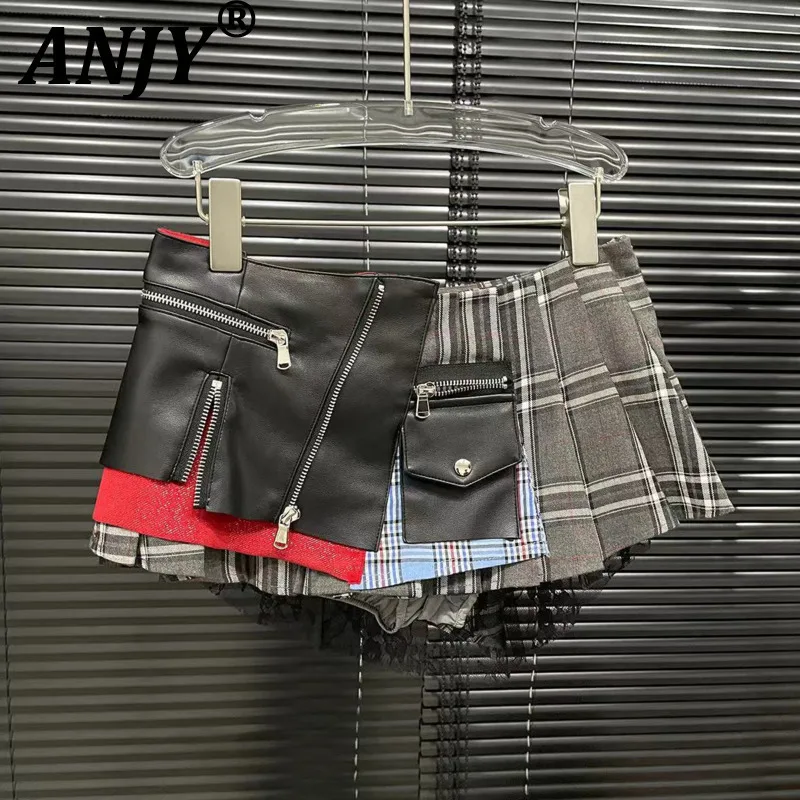 

ANJY 2025 Осенняя новая женская трендовая джинсовая лоскутная короткая юбка из искусственной кожи, модная современная панк-ниша, шикарные плиссированные юбки A16174