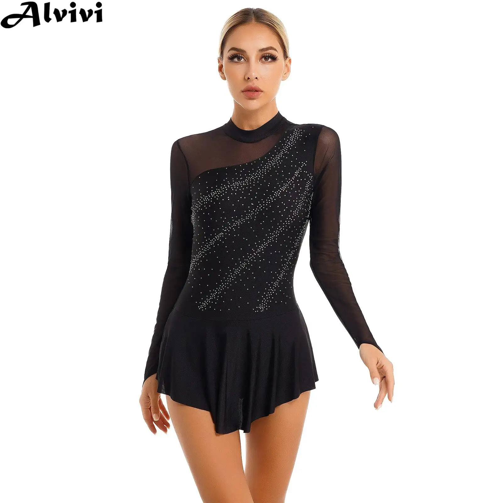 Women Figure Ice Skating Dance Dress Lyrical Dance Ballet Gymnastics Leotard Tutu Long Sleeve Mesh Shiny Rhinestone Dancewear