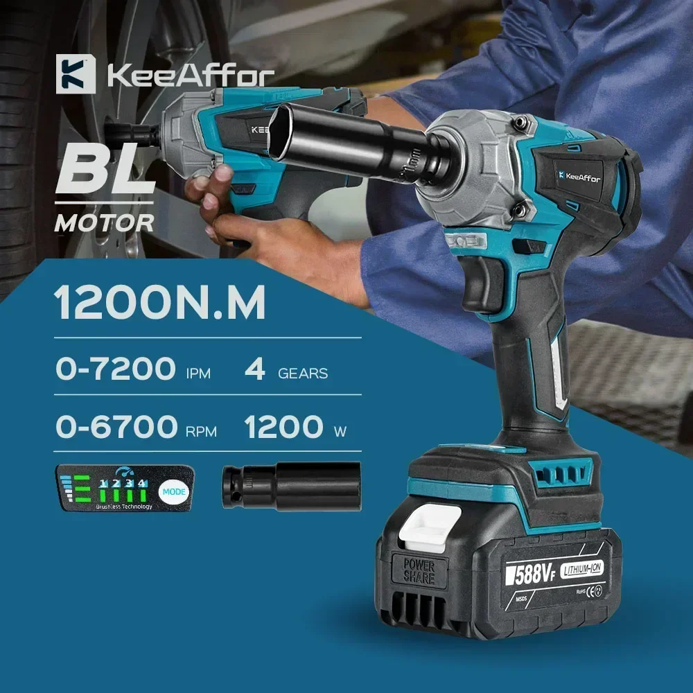 KEEAFFOR 1200N.M Borstelloze Elektrische Slagmoersleutel 1/2 Inch Draadloze Elektrische Schroevendraaier Boor Power Tool Voor Makita 18V Batterij