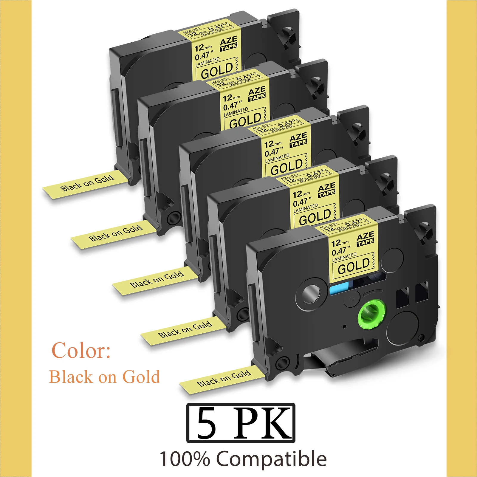 5PK Label Tape Laminated Compatible Brother TZe-831 6/9/12/18mm Black on Gold Cartridge Cassette for P-Touch PT-1000 PT-H101C