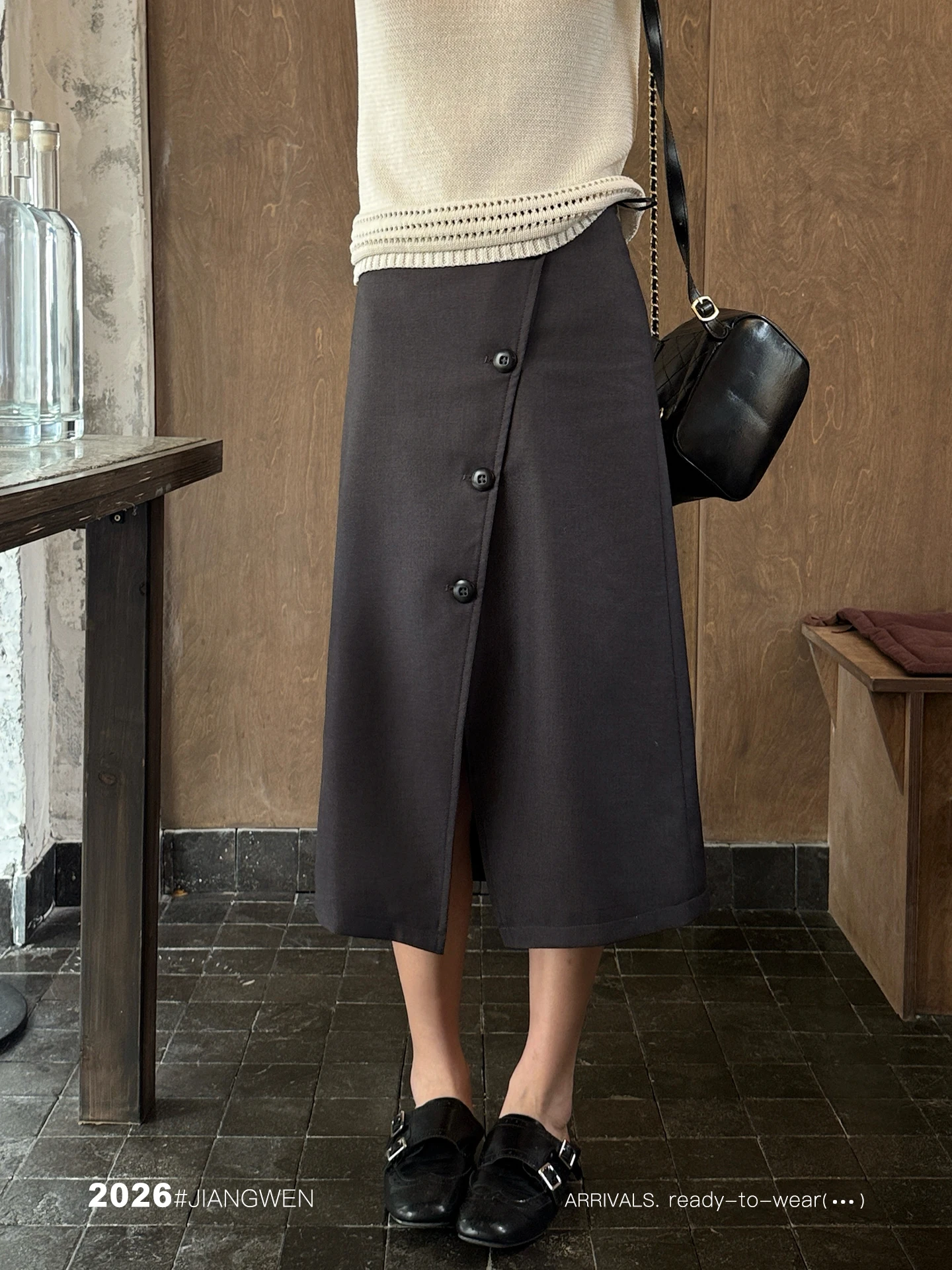 

High-End Design Mid-Length A-Line Skirt with Button Split Ladies' Premium Polyester Fiber Non-Stretch Daily Wear Skirt