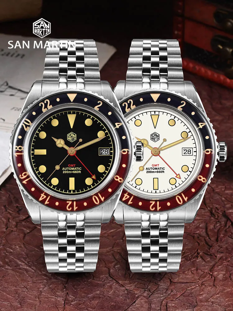 San Martin New 40mm Retro Classic GMT NH34 Men Luxury Automatic Mechanical Watch Sapphire Bezel Waterproof 200m Luminous SN0005