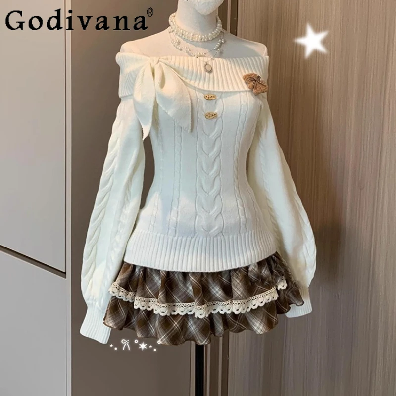 منقوشة تنورة قصيرة مجموعة للنساء الخريف الشتاء خمر نمط الحلو قبالة الكتف سترة الدانتيل المرقعة تنورة السيدات لوليتا الدعاوى #5