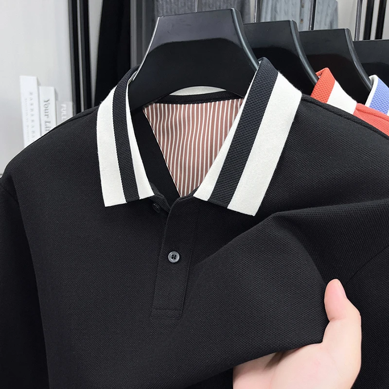 

25 Year Heavyweight Double-sided Silk Pearl Cotton Men's Long Sleeved Polo Shirt, Light Luxury High-end Trendy Item, New Lapel