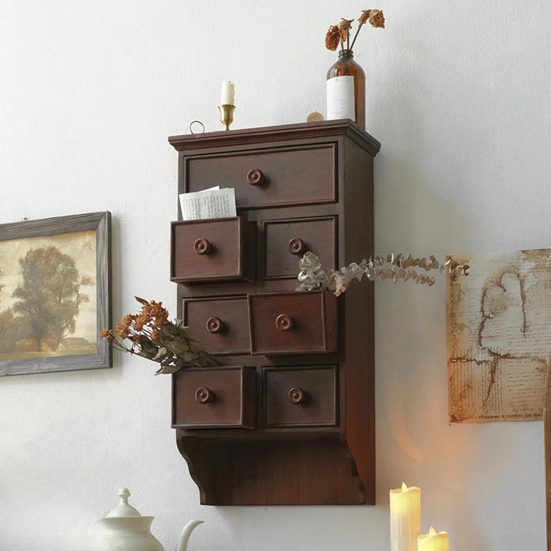Solid wood hanging cabinet wall cabinet retro living room entrance wall niche decorative storage cabinet