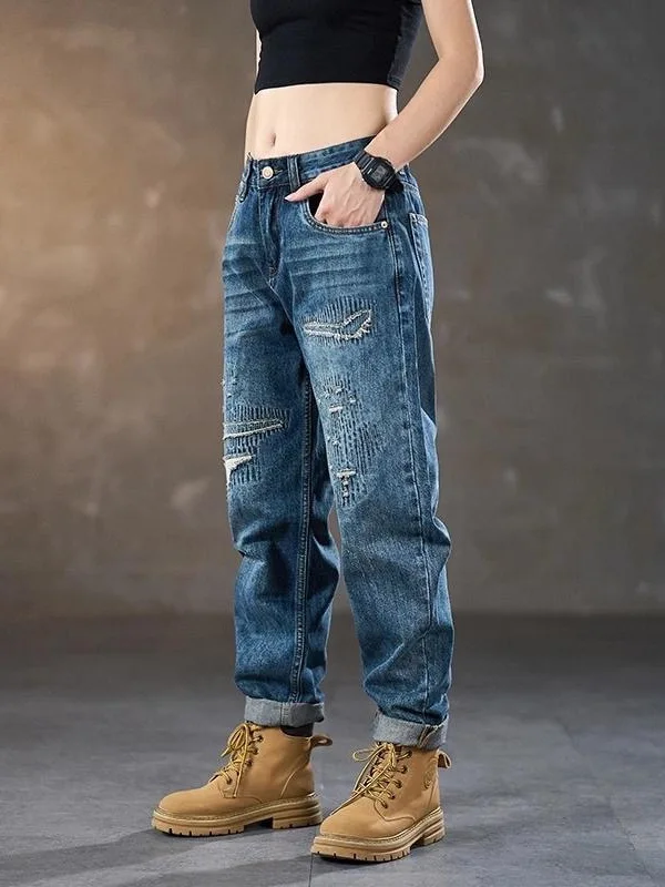 Retro American Patchwork Hole Denim Jeans Men's Trendy Brand Loose Straight Harlan Pants Men's Wide Leg Dad Pants