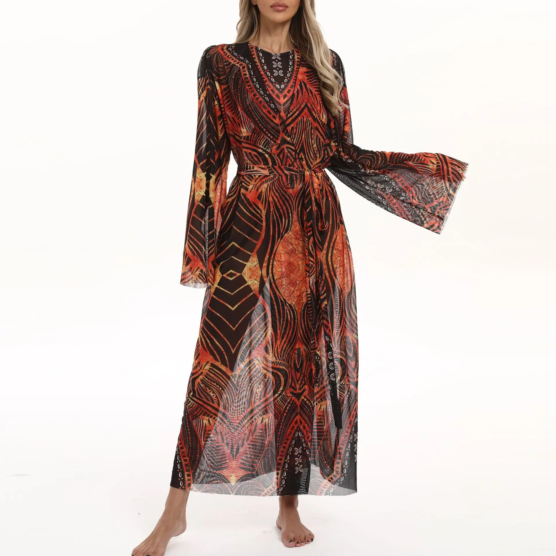 New Summer Women's Casual Fashion Printed Sunscreen Mesh Long Sleeve Hoodie Beach Skirt