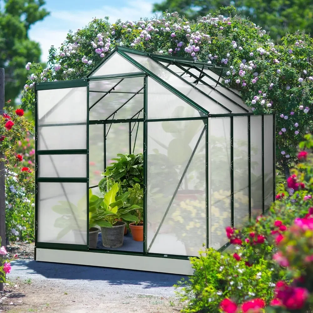 6x8x7 Greenhouse with Adjustable Roof Vent and Rain Gutter, Base and Anchor, Greenhouse