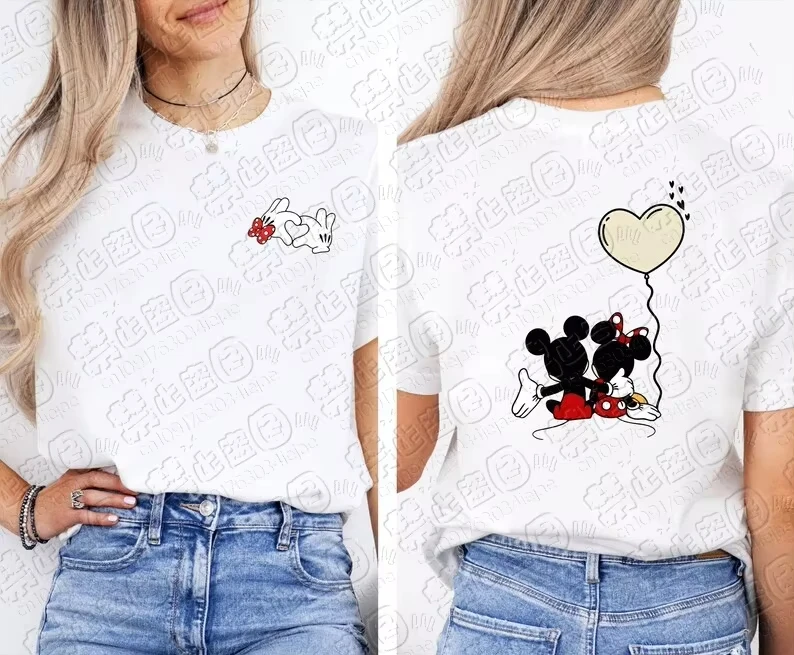 2026 new Cartoon couple mouse heart-shaped balloon printed T-shirt with small patterns on the front - casual and daily wear top